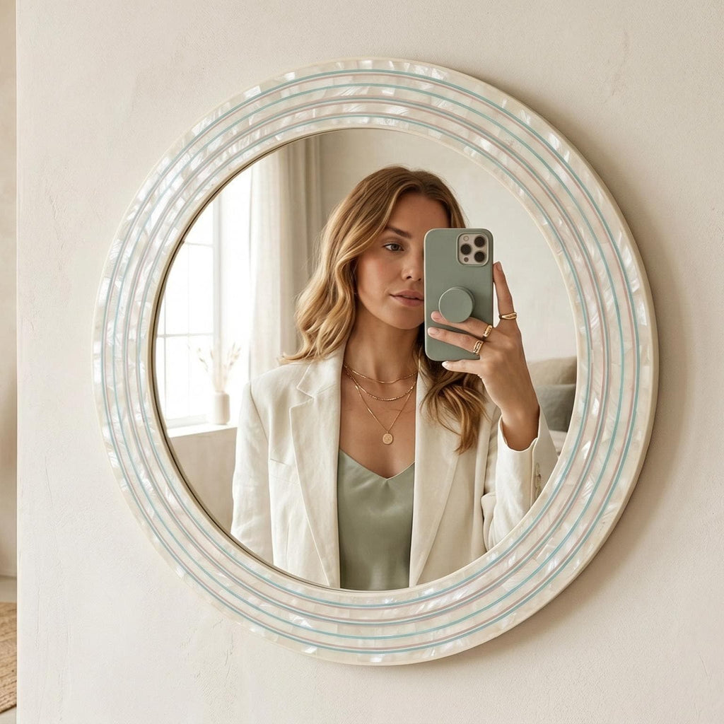 Round Mirror Mother of Pearl Inlay Handmade Wall Vanity Decor
