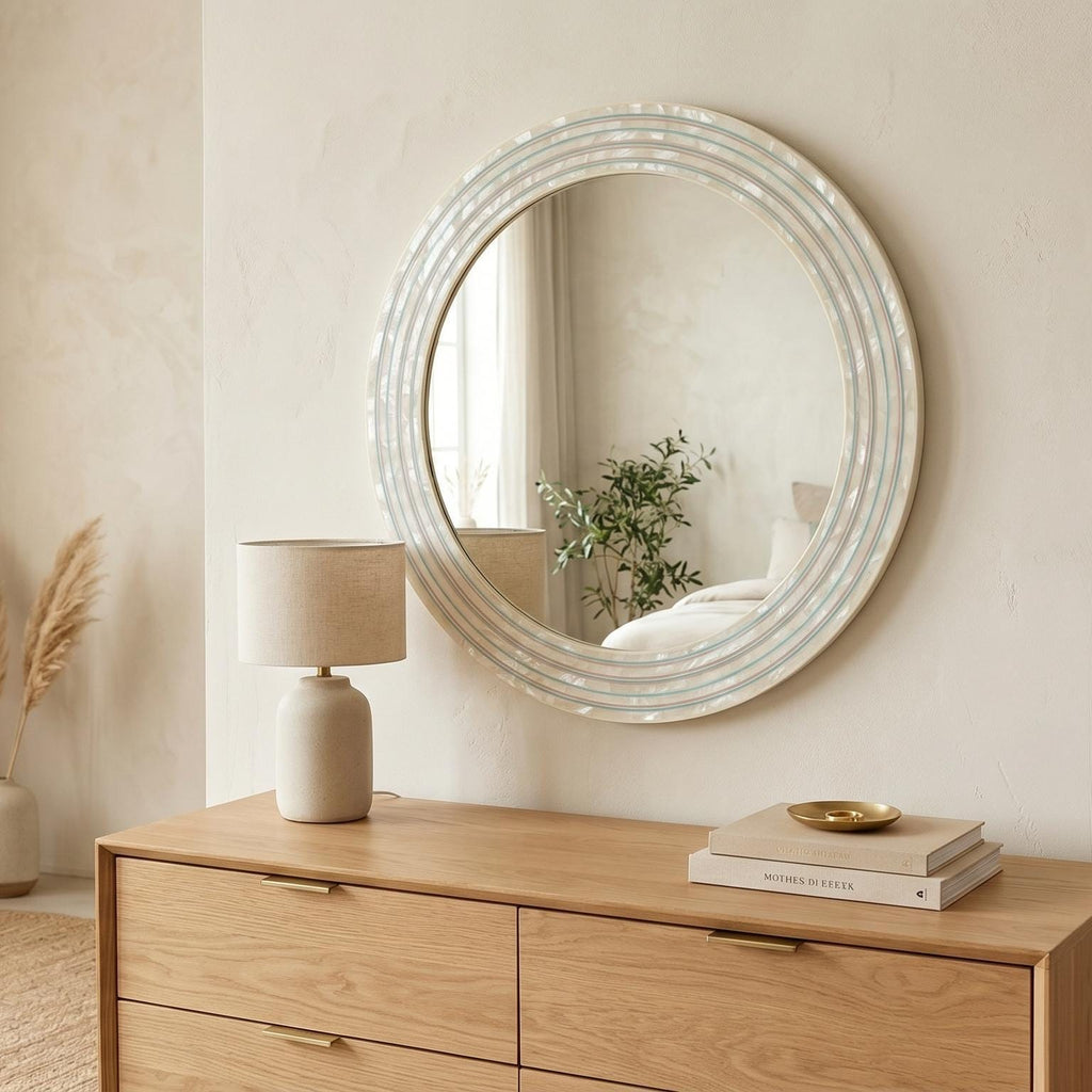 Round Mirror Mother of Pearl Inlay Handmade Wall Vanity Decor
