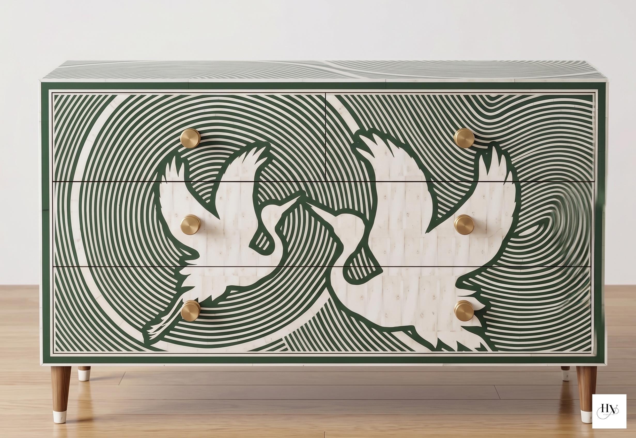 Abstract Geometric bone inlay Dresser 6 Drawer Cabinet Handmade Luxury Green Storage Chest