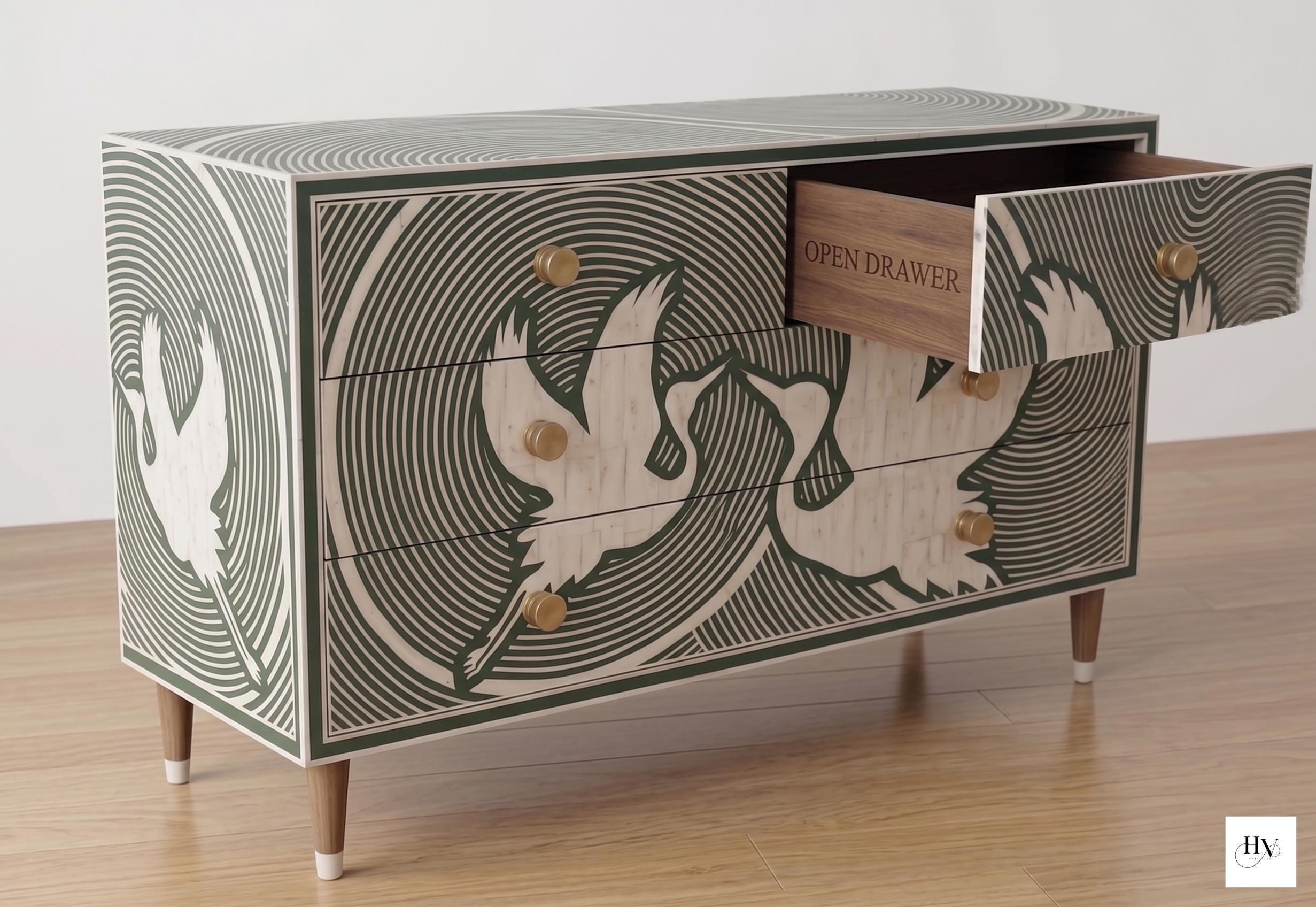 Abstract Geometric bone inlay Dresser 6 Drawer Cabinet Handmade Luxury Green Storage Chest