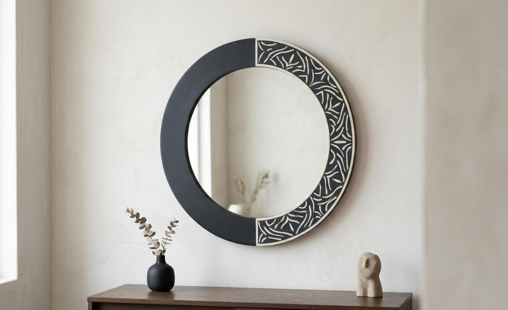 Handcrafted Bone Inlay Mirror | Half Plain, Half Abstract Pattern, Modern Design