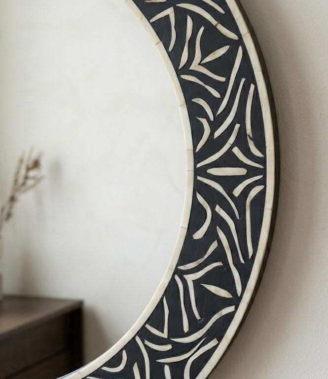Handcrafted Bone Inlay Mirror | Half Plain, Half Abstract Pattern, Modern Design