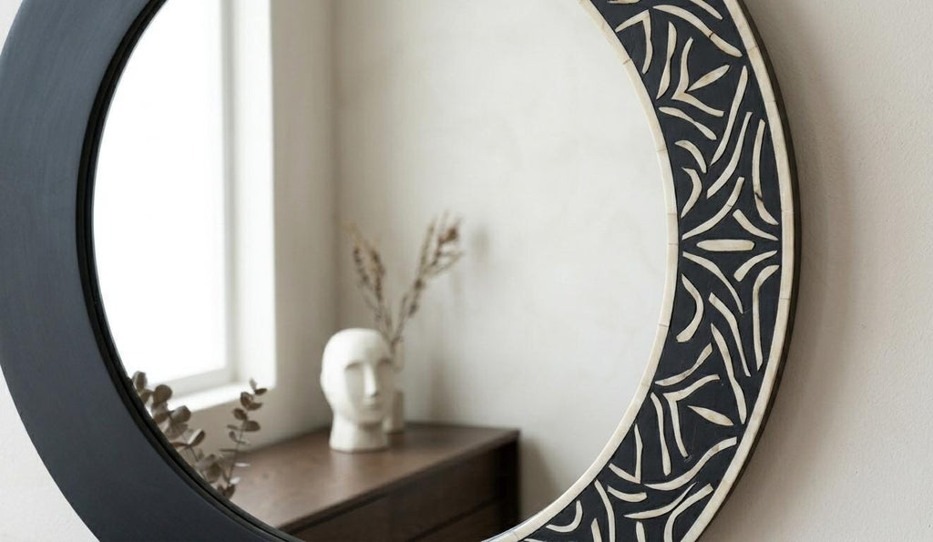 Handcrafted Bone Inlay Mirror | Half Plain, Half Abstract Pattern, Modern Design