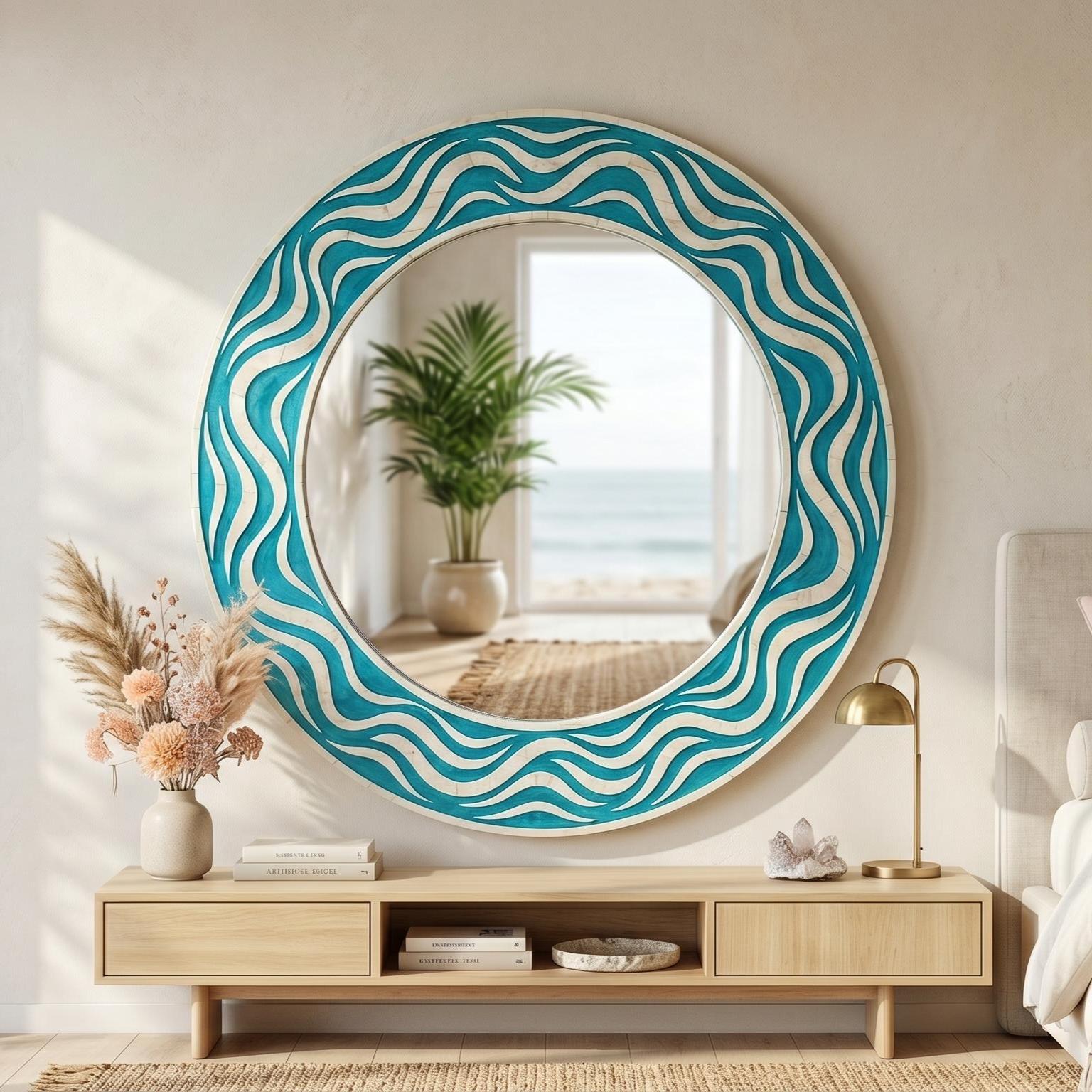 Bone Inlay Round Mirror Wave Pattern Modern Decor unique wall decor