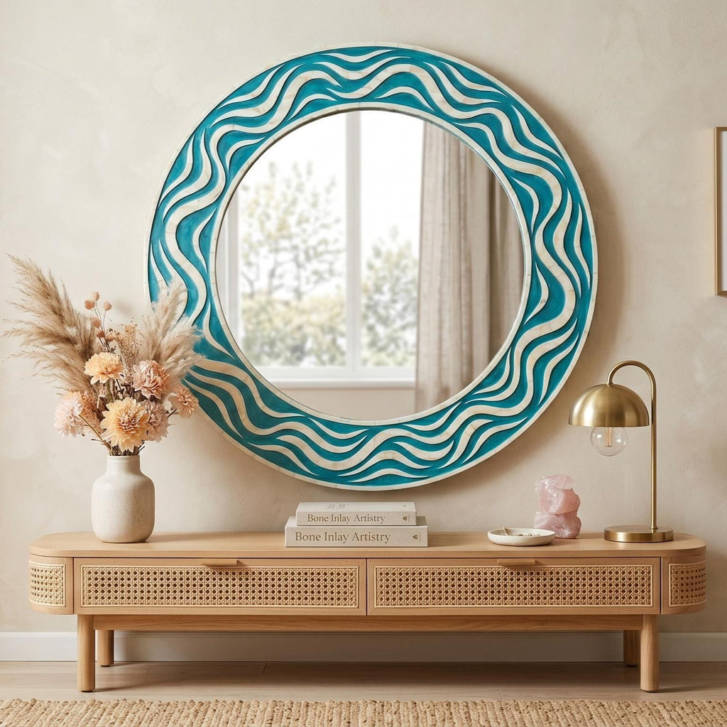 Bone Inlay Round Mirror Wave Pattern Modern Decor unique wall decor