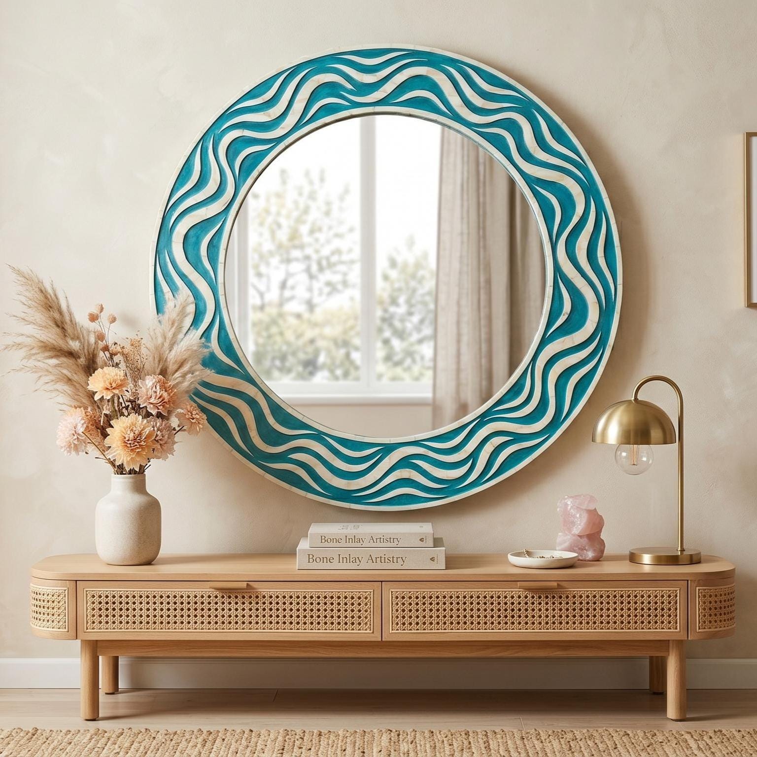 Bone Inlay Round Mirror Wave Pattern Modern Decor unique wall decor