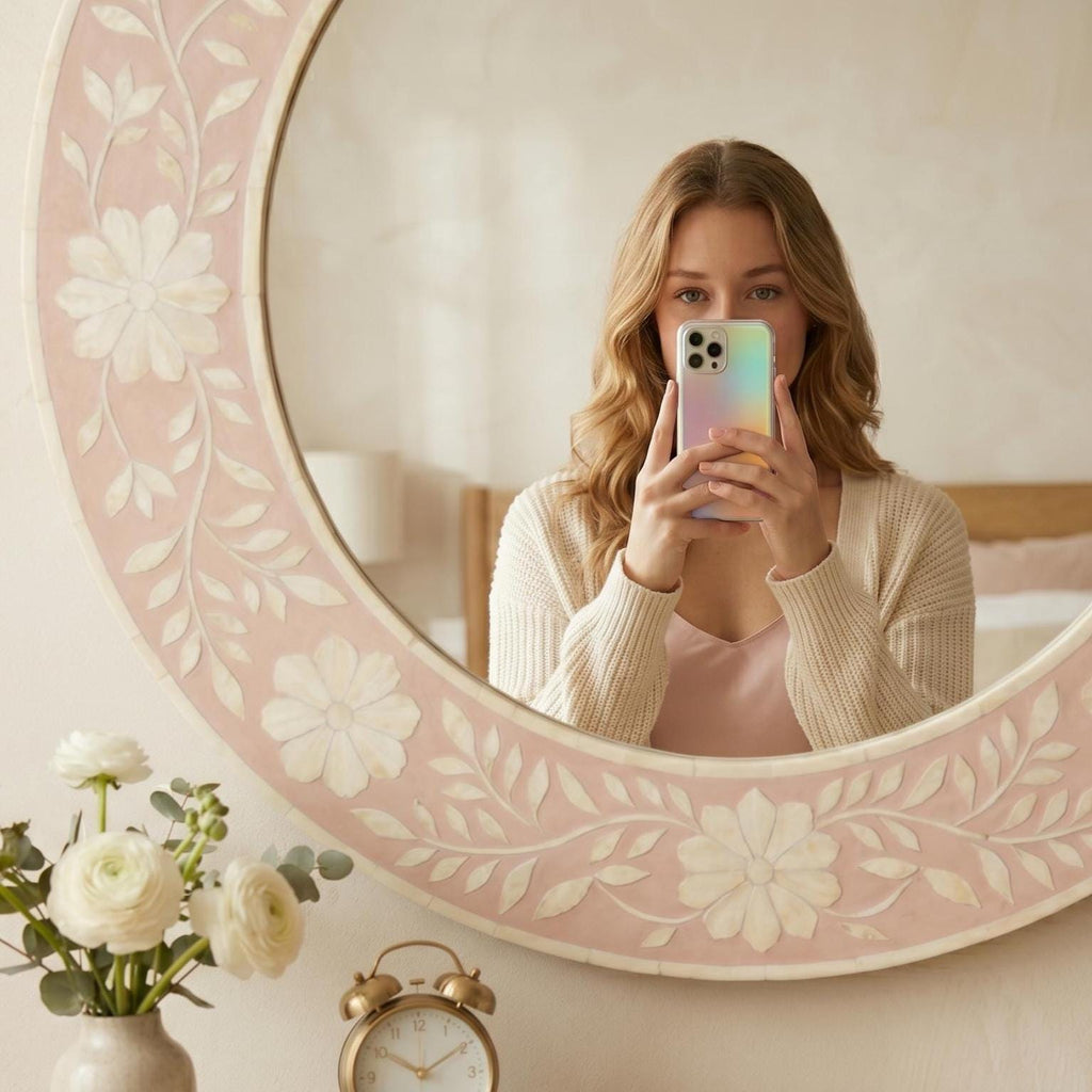 Pink Floral Wall Mirror Bone Inlay Handmade Vanity Decor