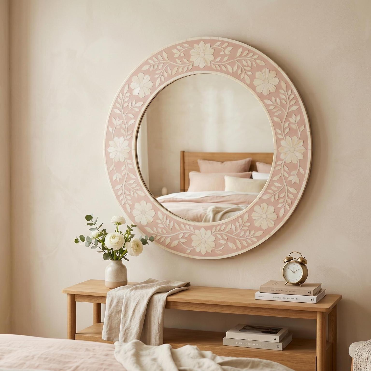 Pink Floral Wall Mirror Bone Inlay Handmade Vanity Decor