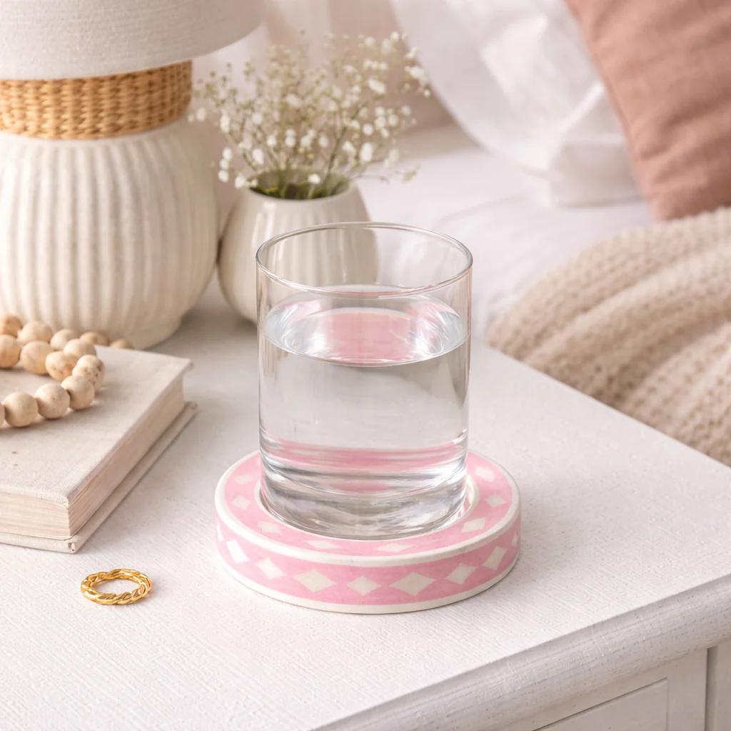 Pink Bone Inlay Trinket Tray Round Jewelry Dish Handmade Vanity Decor