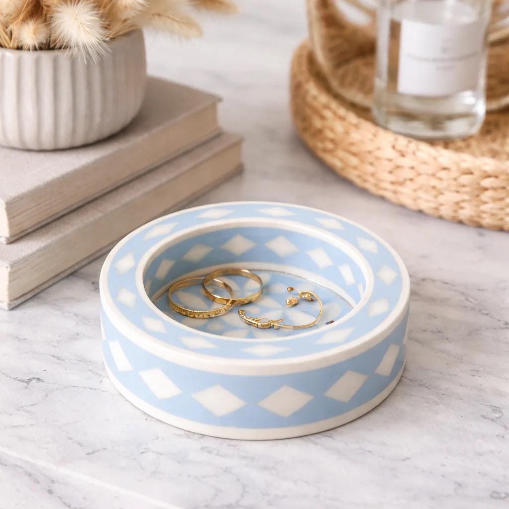 Soft Blue Bone Inlay Trinket Tray Round Jewelry Dish Handmade Vanity Decor