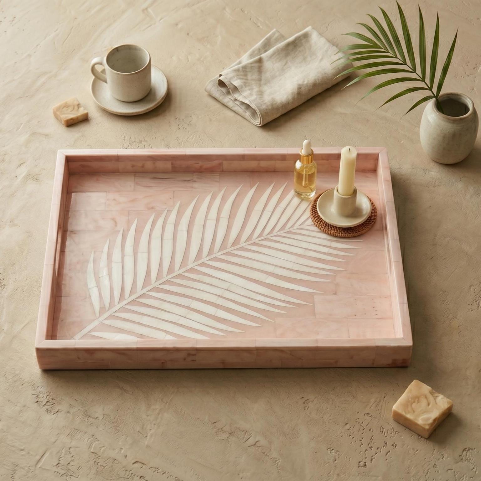 Pink Palm Leaf Tray Bone Inlay Decorative Vanity Tray