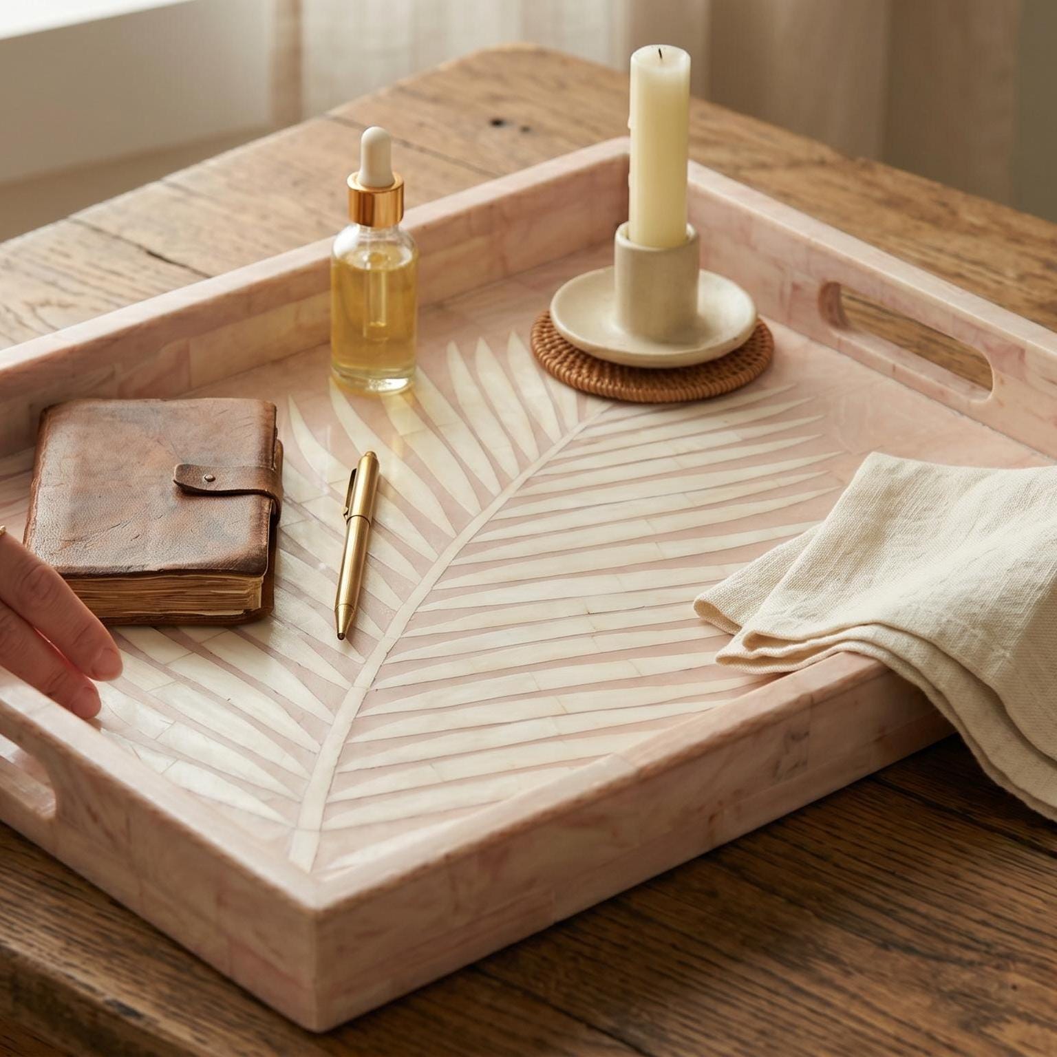 Pink Palm Leaf Tray Bone Inlay Decorative Vanity Tray