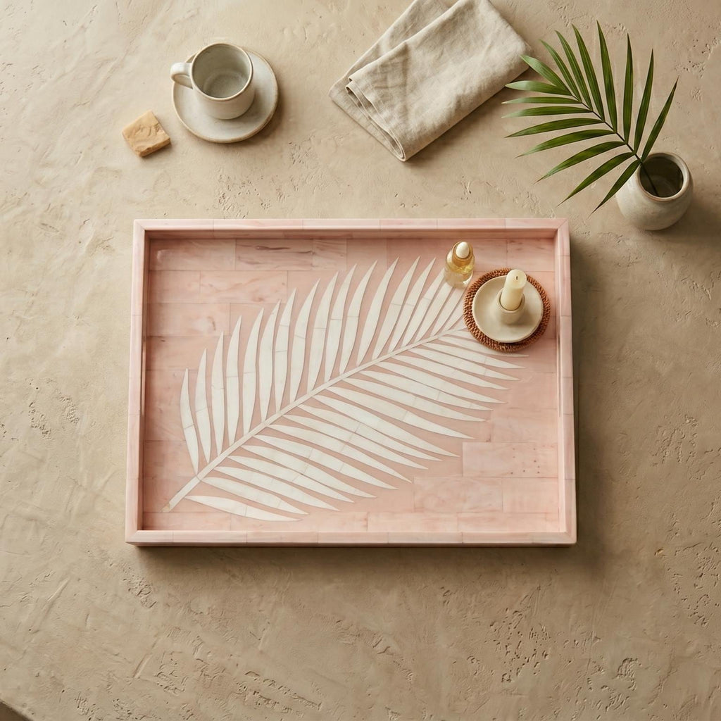 Pink Palm Leaf Tray Bone Inlay Decorative Vanity Tray