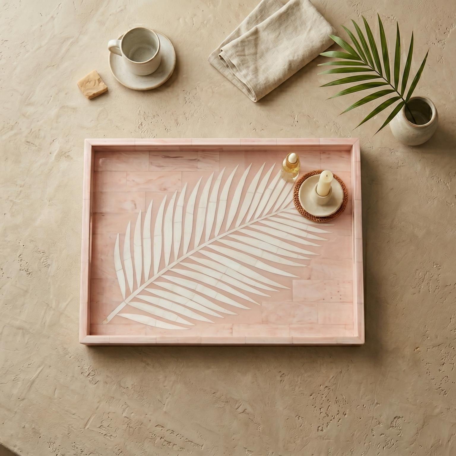 Pink Palm Leaf Tray Bone Inlay Decorative Vanity Tray