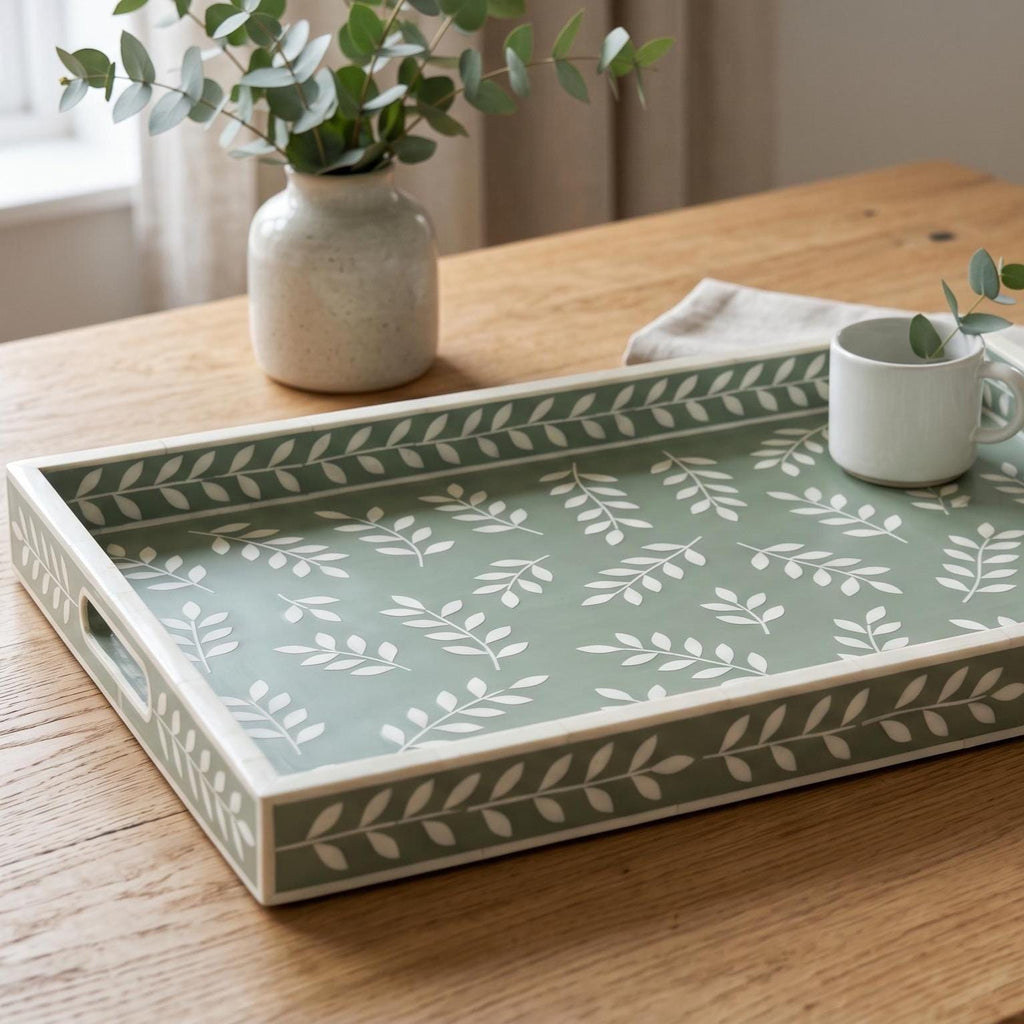 Bone Inlay Serving Tray Delicate Leaf Handmade Decorative Tray
