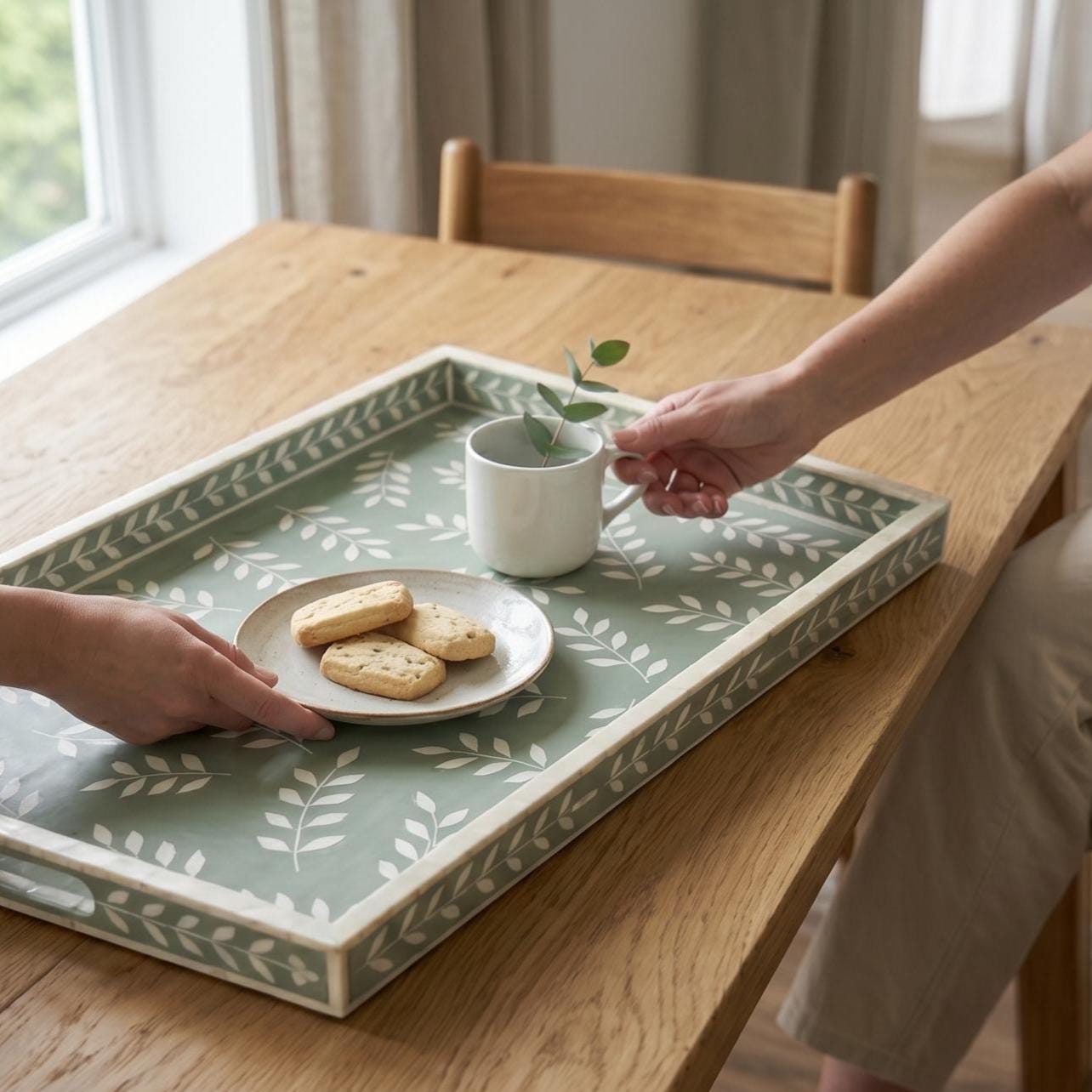Bone Inlay Serving Tray Delicate Leaf Handmade Decorative Tray