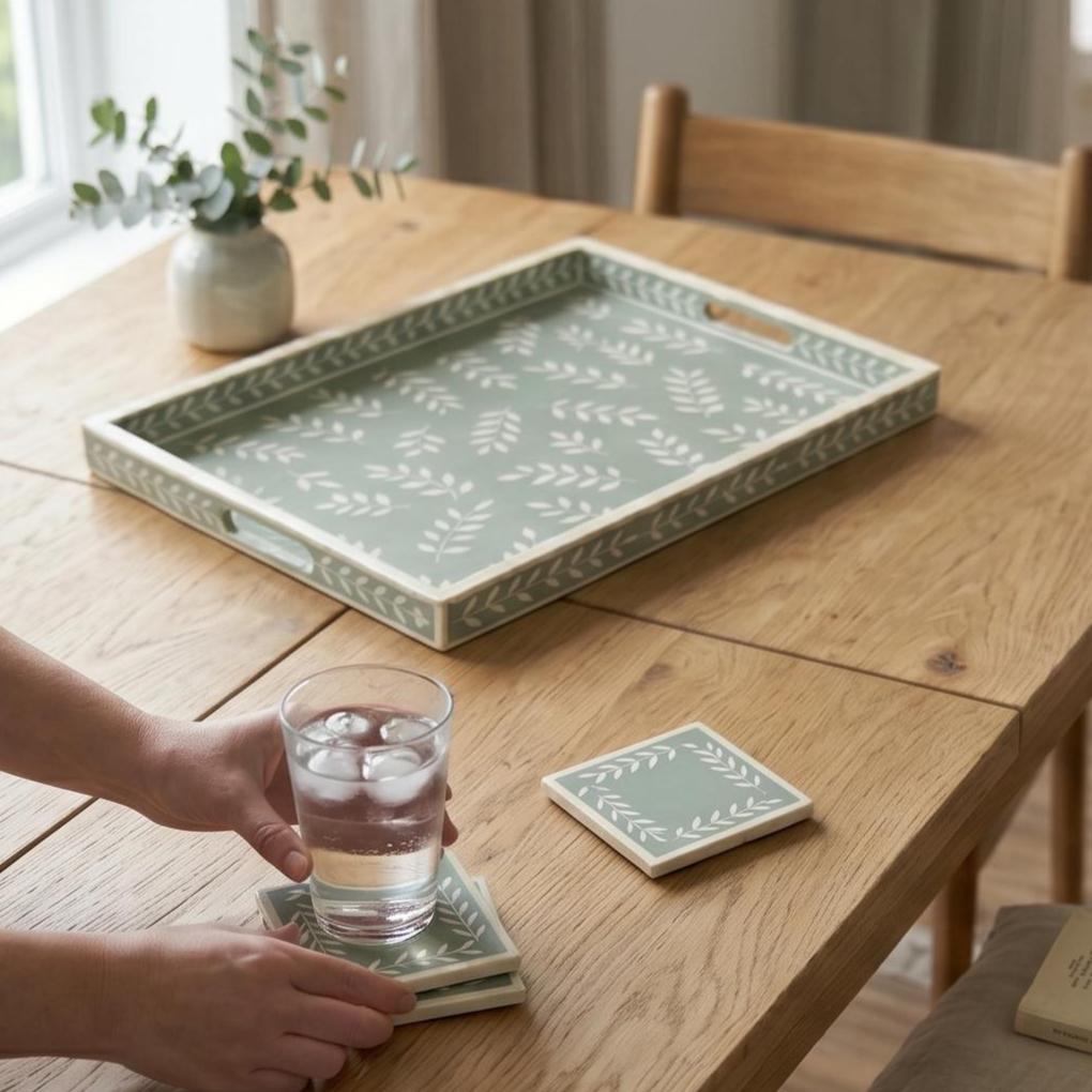 Bone Inlay Serving Tray Delicate Leaf Handmade Decorative Tray