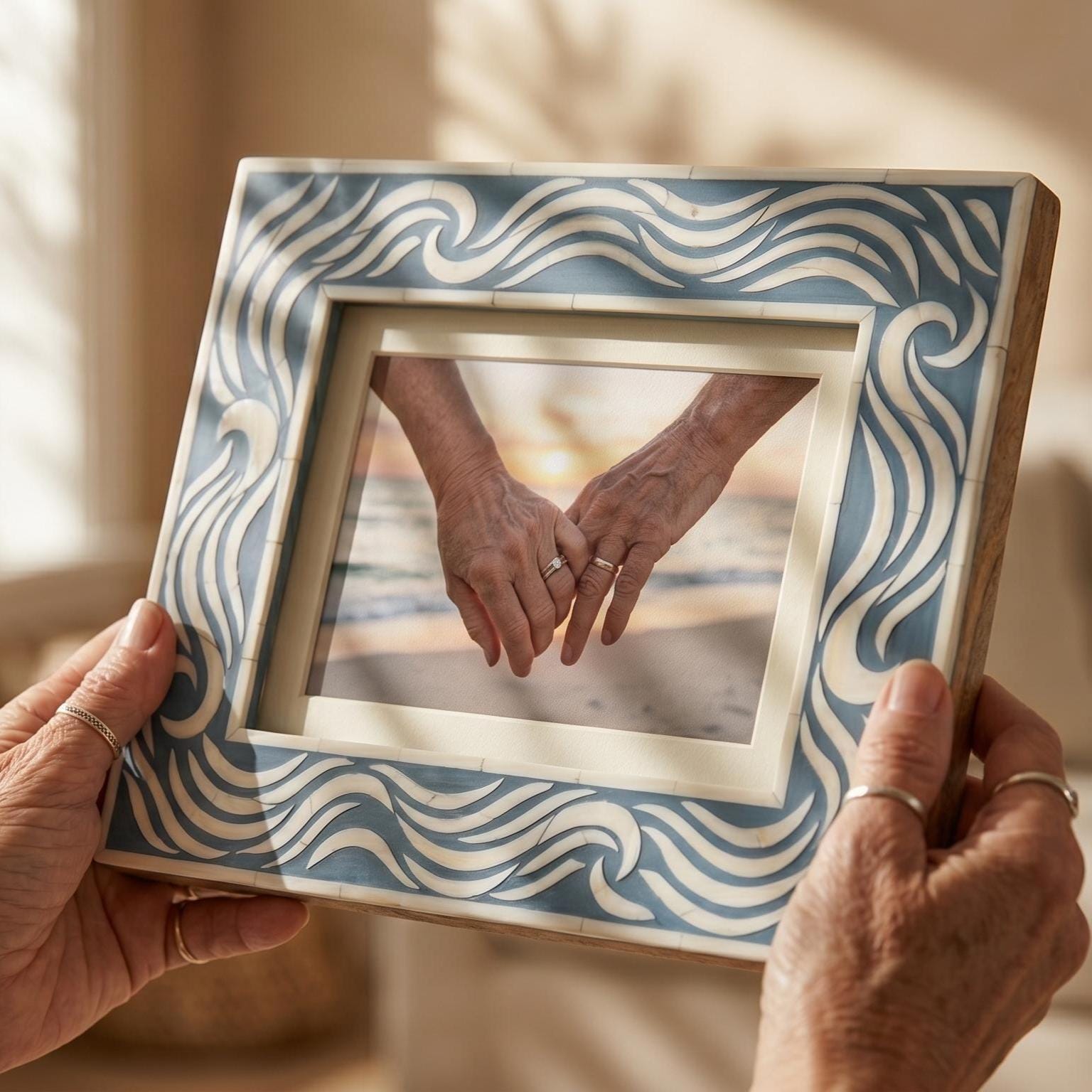 Bone Inlay Photo Frame Blue Wave Pattern Handmade Picture Frame