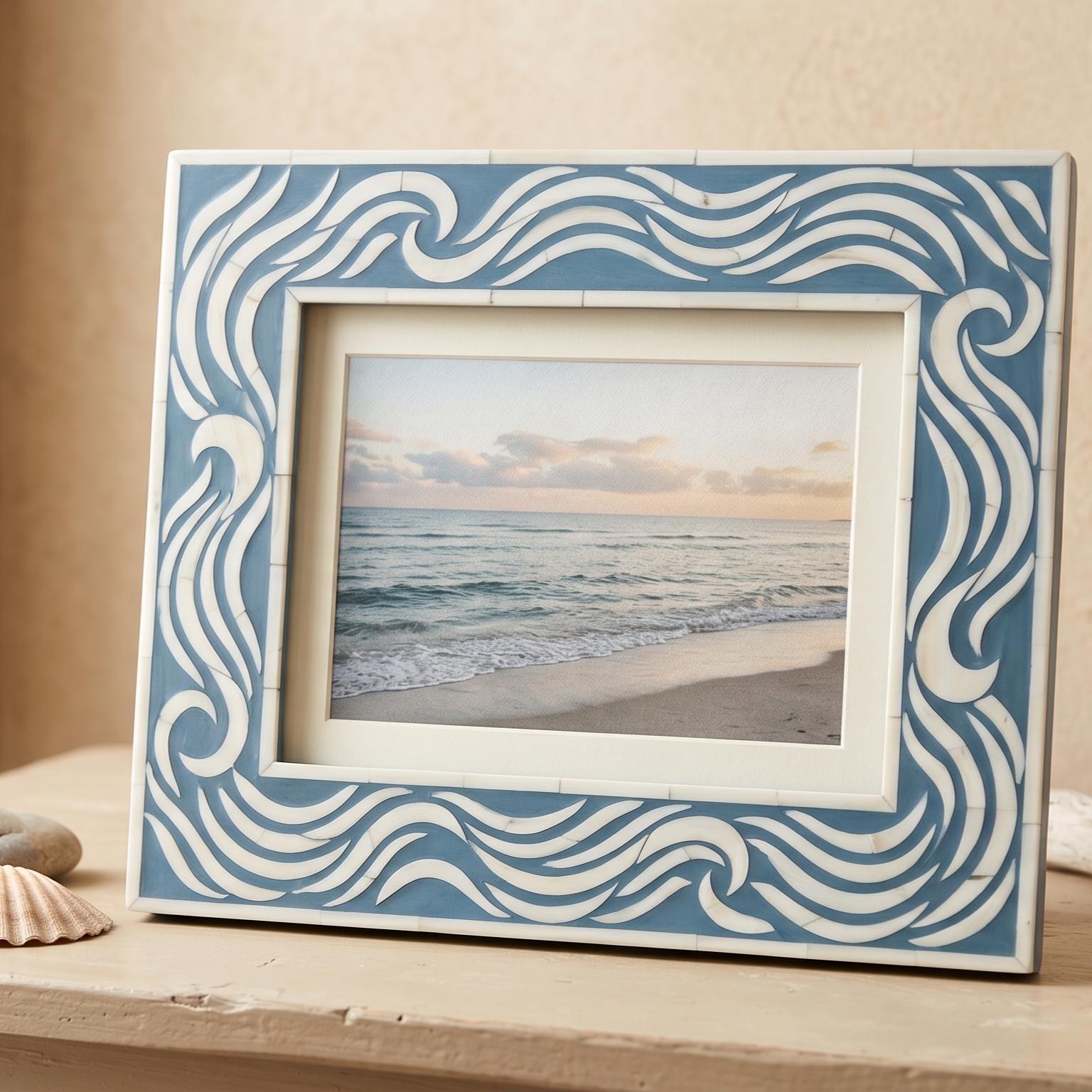 Bone Inlay Photo Frame Blue Wave Pattern Handmade Picture Frame