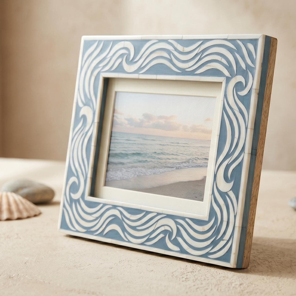 Bone Inlay Photo Frame Blue Wave Pattern Handmade Picture Frame