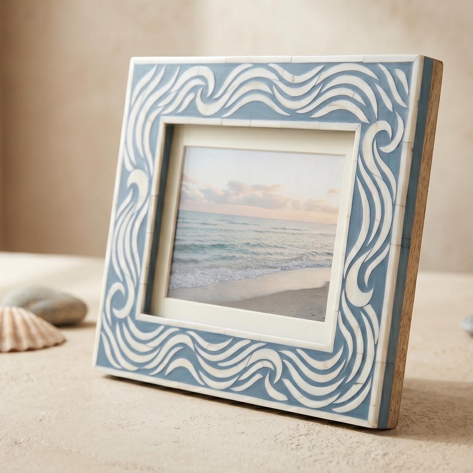 Bone Inlay Photo Frame Blue Wave Pattern Handmade Picture Frame