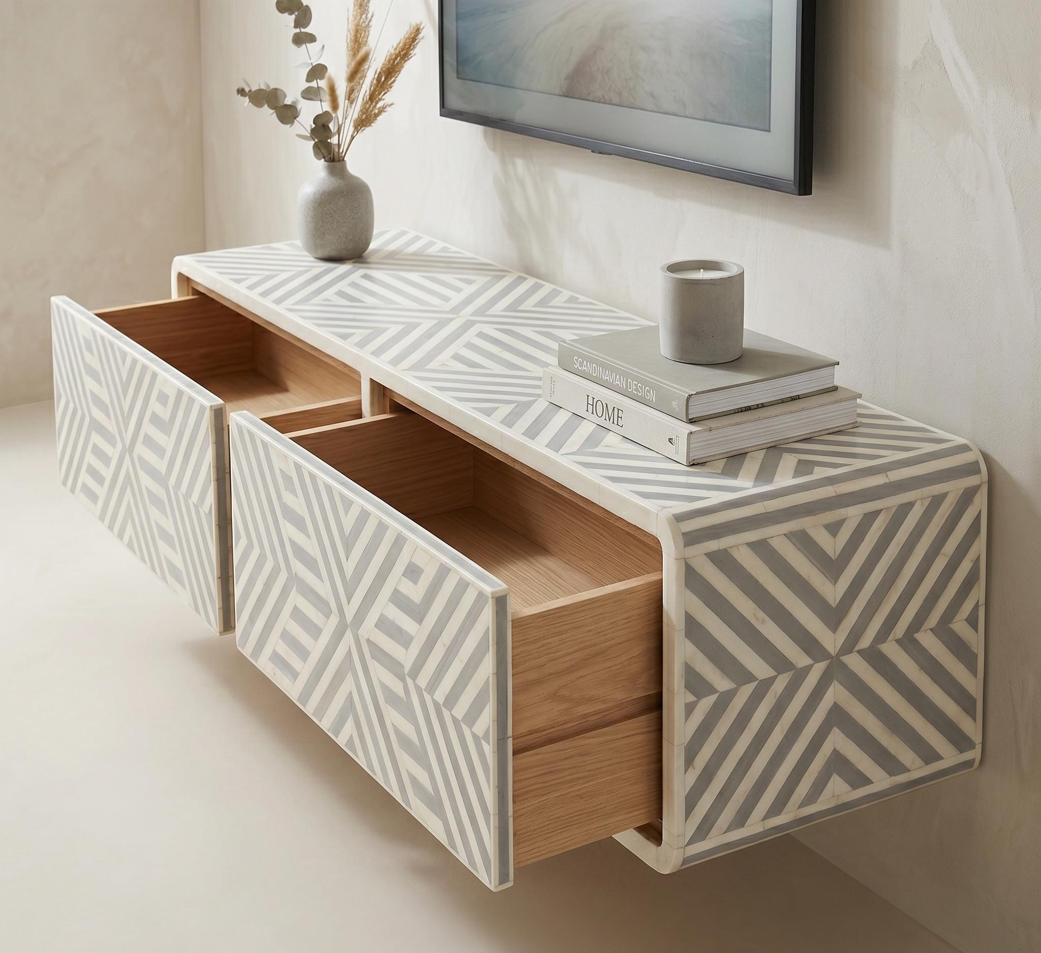 Floating Media Console Bone Inlay Wall Mounted TV Cabinet Storage