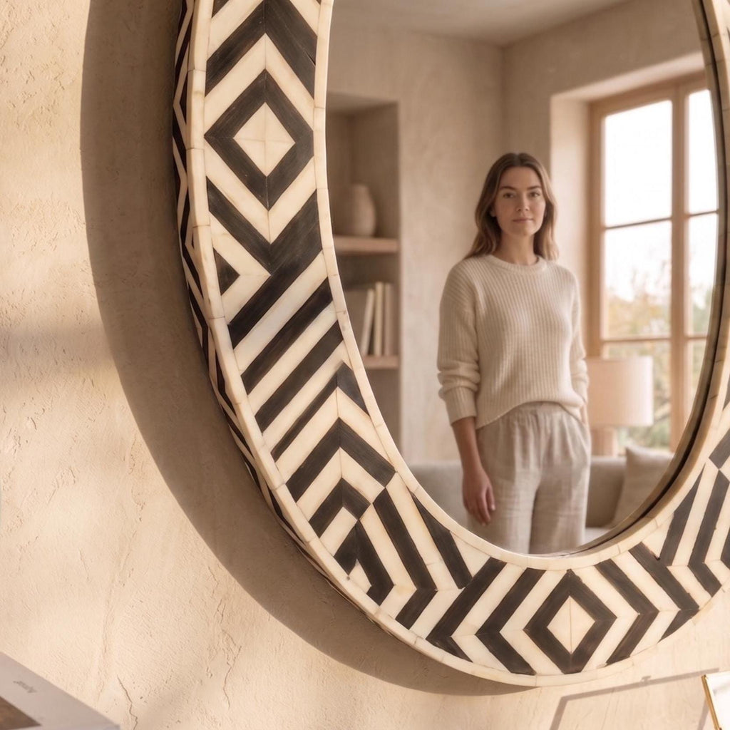 Luxury Oval Bone Inlay Mirror Geometric Pattern Handmade Wall Mirror | unique mirror