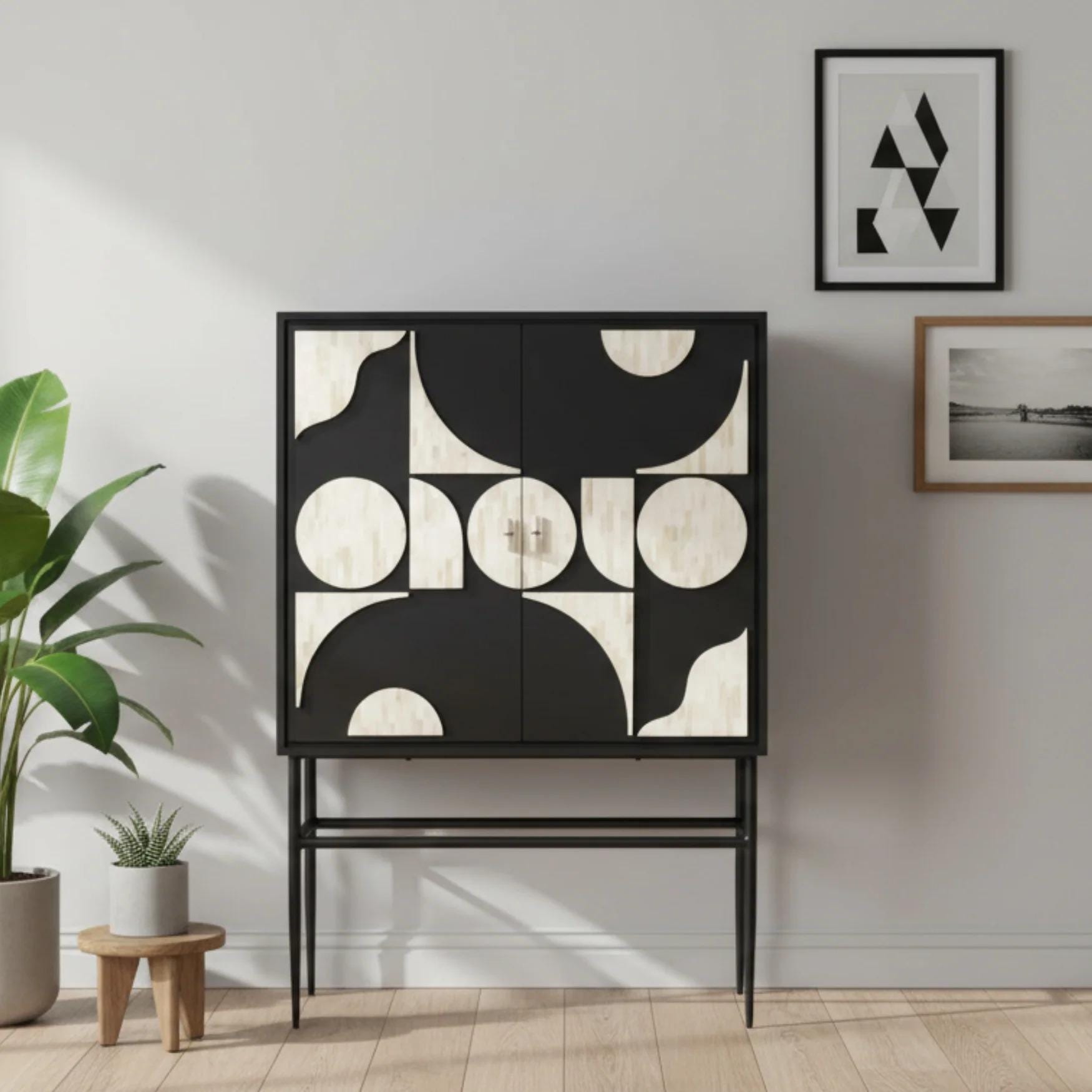 Modern Bar Cabinet with Storage Abstract Bone Inlay Handmade Liquor Cabinet
