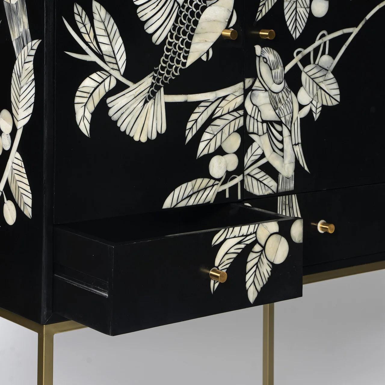 Bird Pattern Bar Cabinet with Storage Bone Inlay Handmade Liquor Cabinet