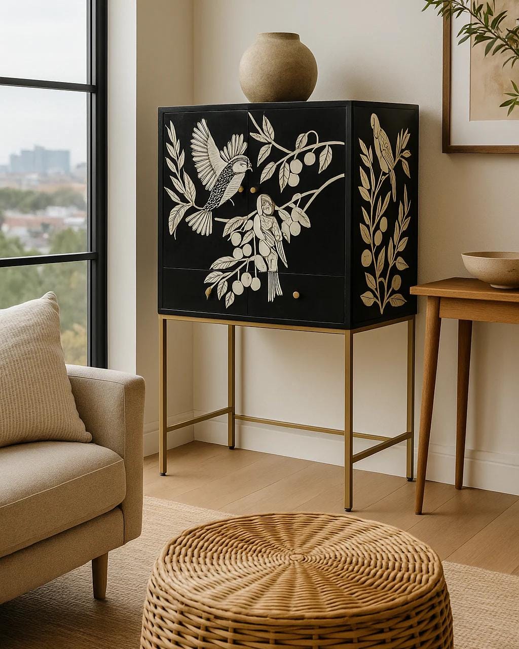 Bird Pattern Bar Cabinet with Storage Bone Inlay Handmade Liquor Cabinet