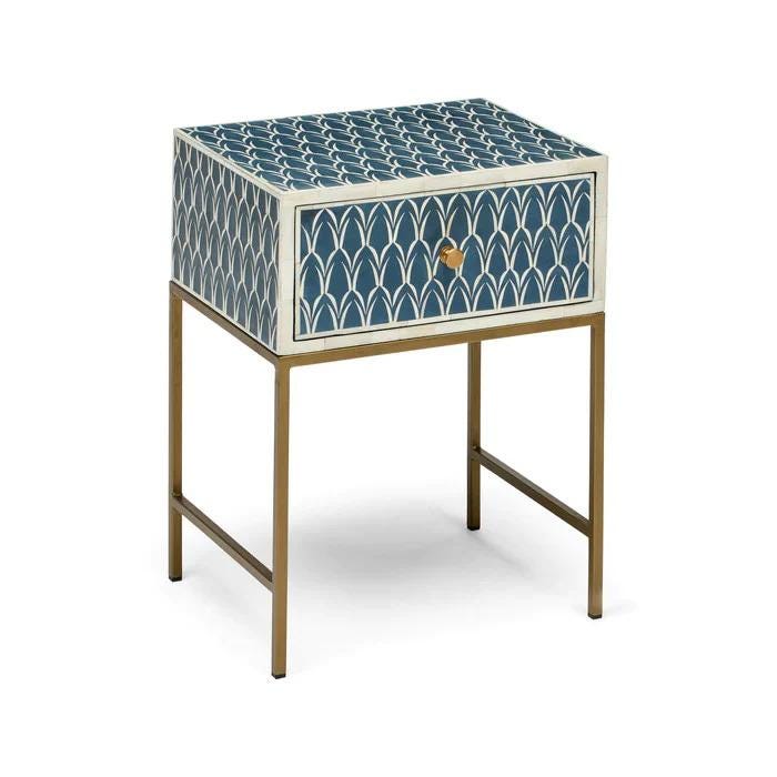 Indigo Bedside Table One Drawer Bone Inlay Metal Legs Arched Nightstand