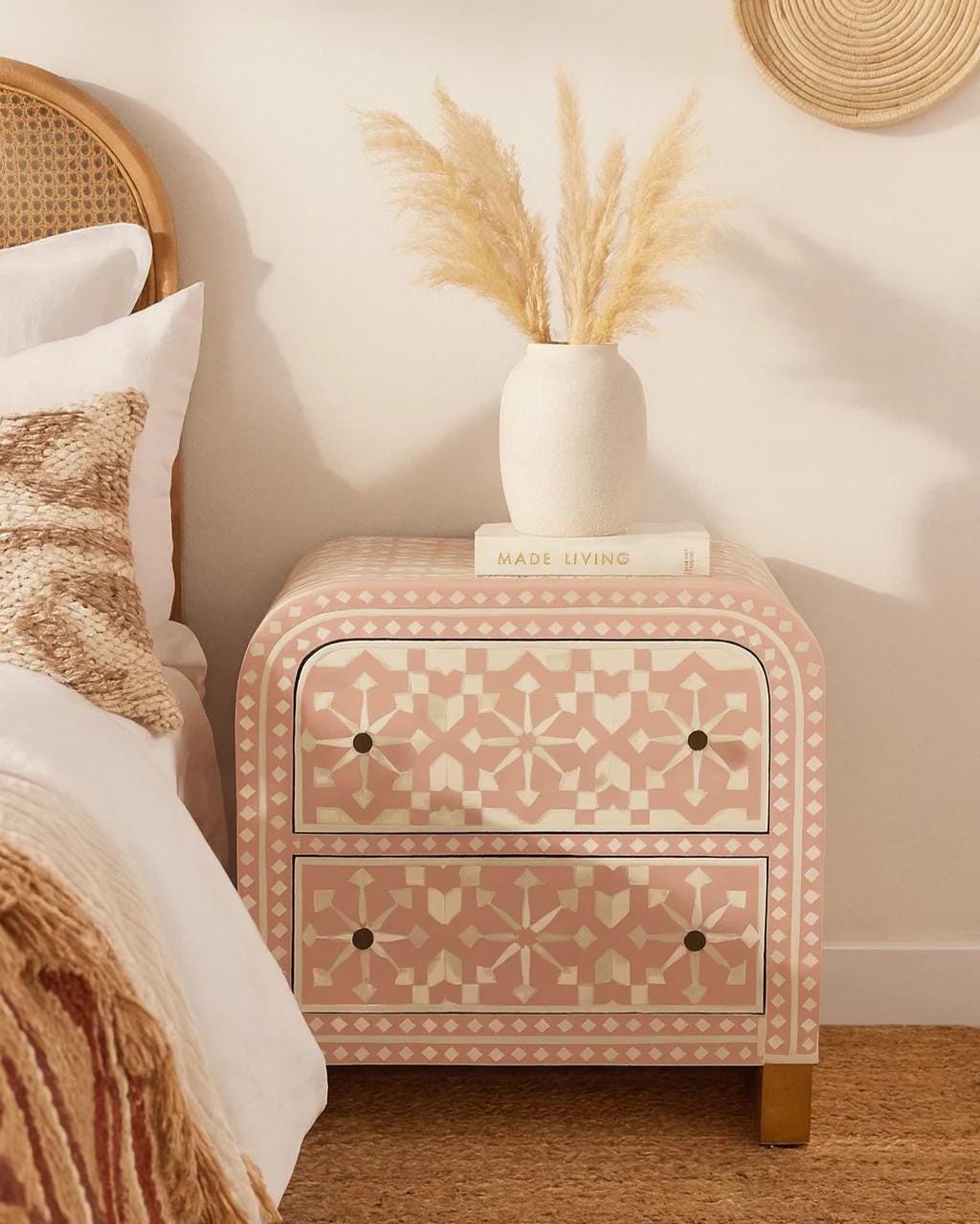 Moroccan Bone Inlay Bedside Table Two Drawer Handmade Luxury Nightstand