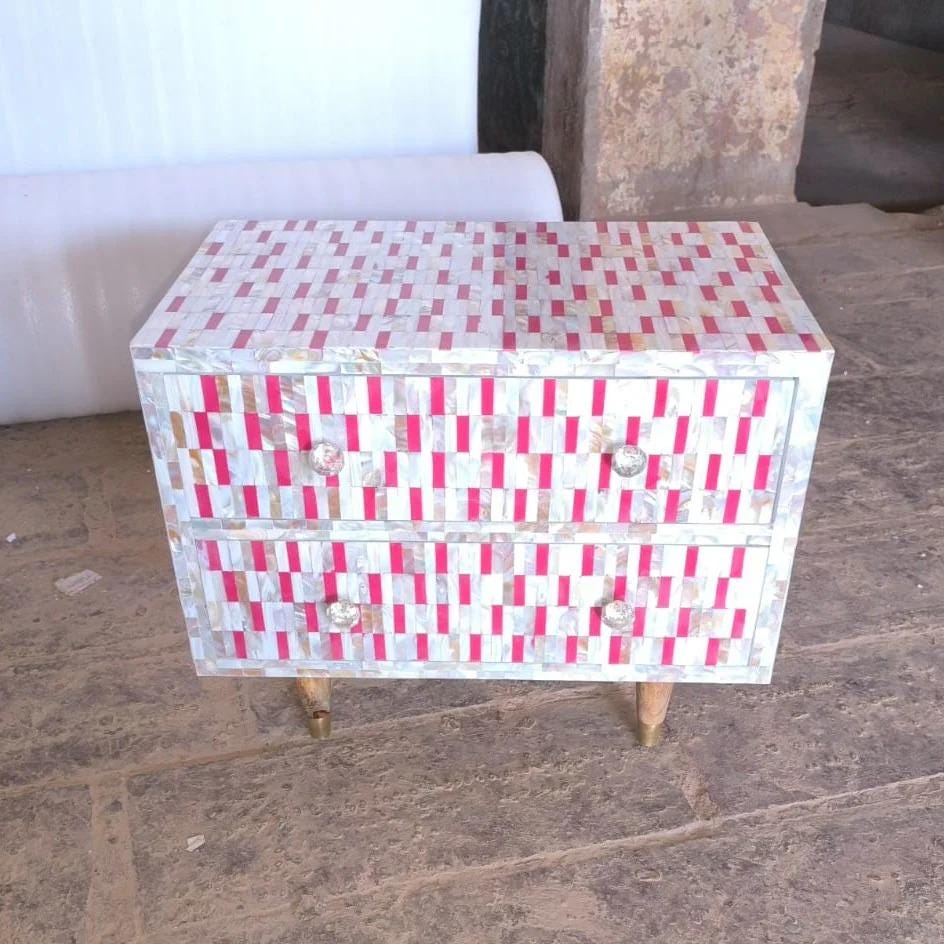 Bone inlay Bedside Table mother of pearl Inlay Storage Cabinet unique