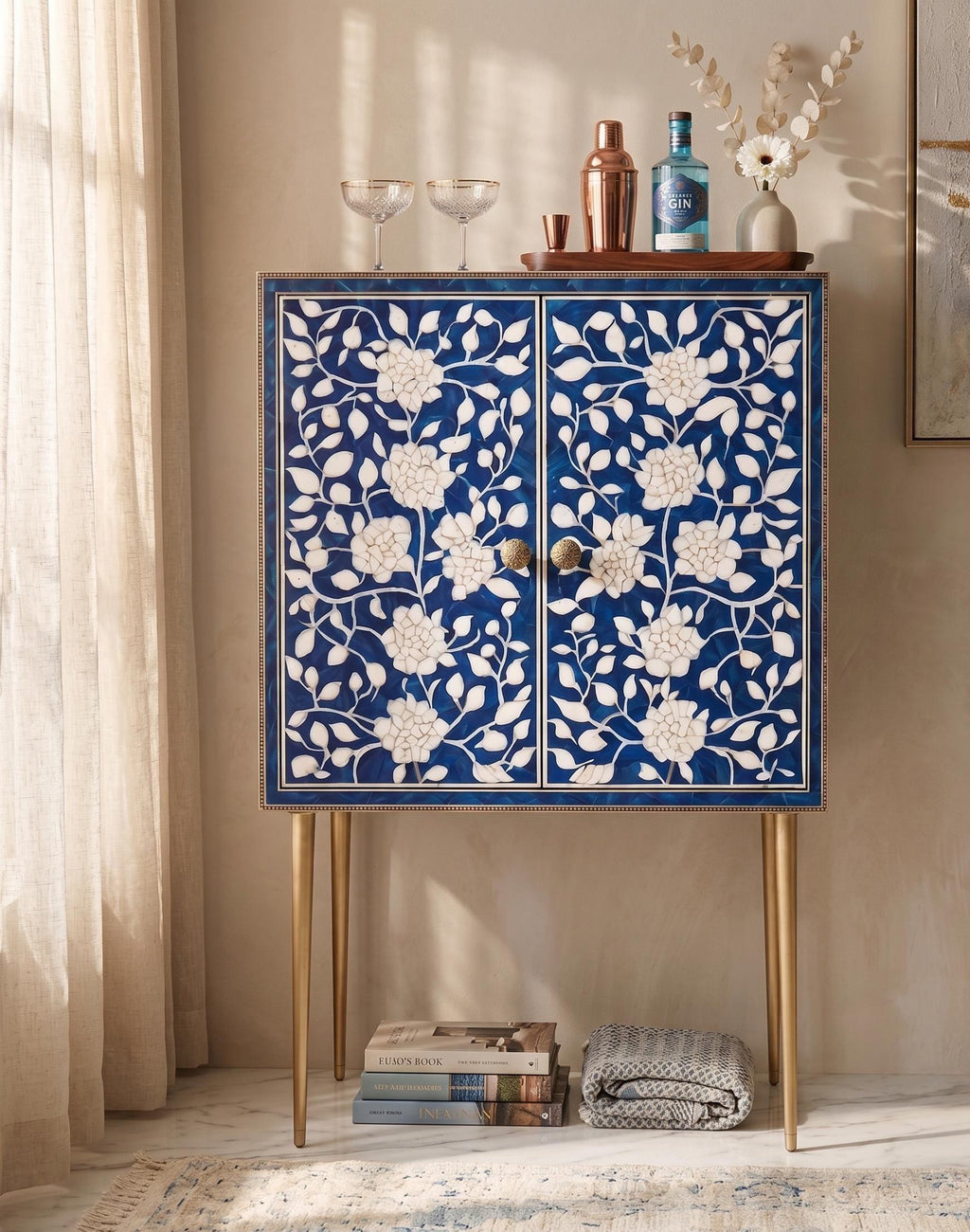 Floral Bar Cabinet with Storage Bone Inlay Handmade Liquor Cabinet