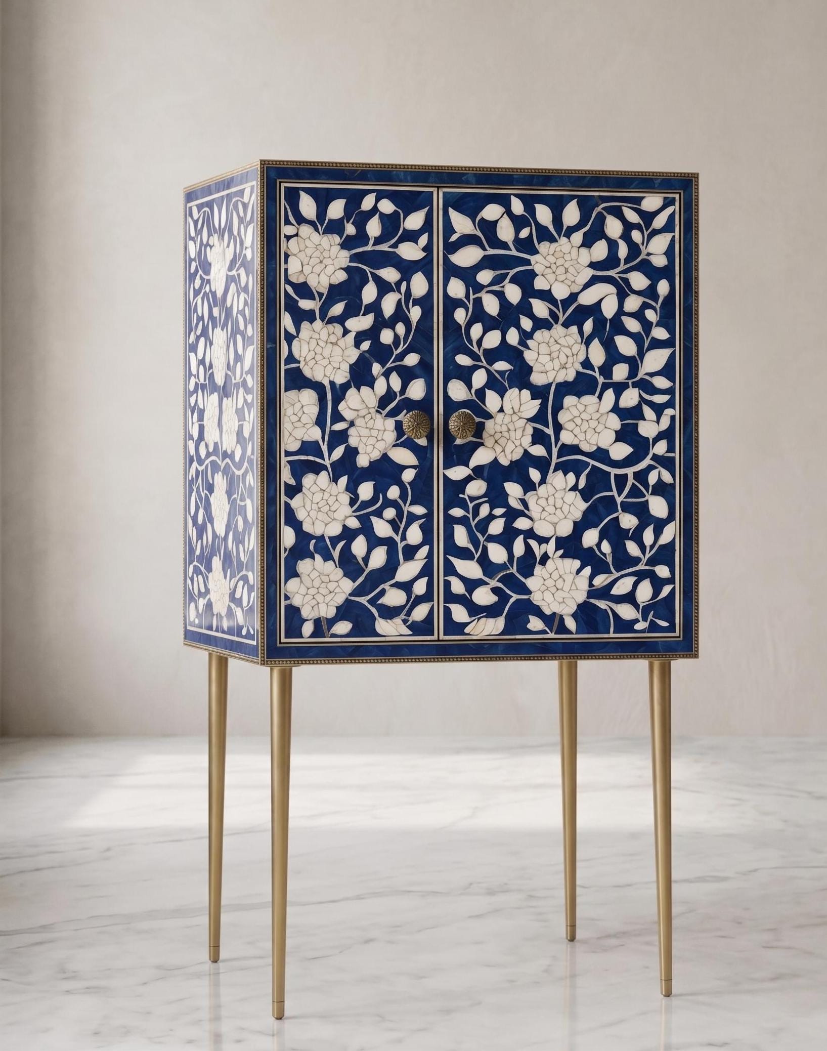 Floral Bar Cabinet with Storage Bone Inlay Handmade Liquor Cabinet