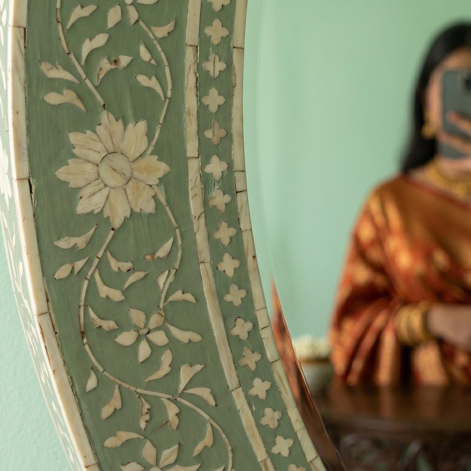 Vintage Indian Oval Mirror Sage Green Floral Bone Inlay Wall Decor