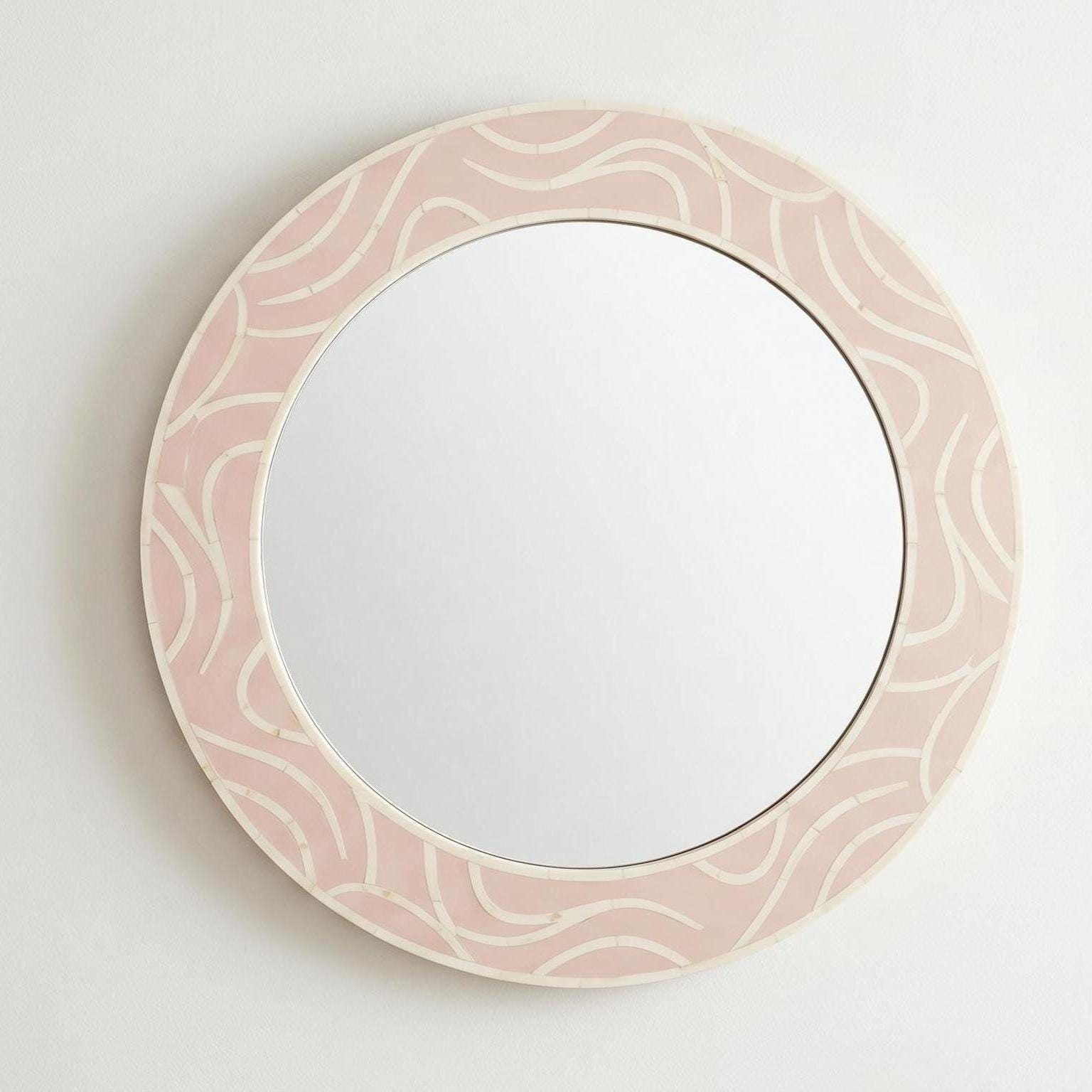 Blush Pink bone inlay round Mirror Handmade Minimal Round Wall Decor Luxury Vanity