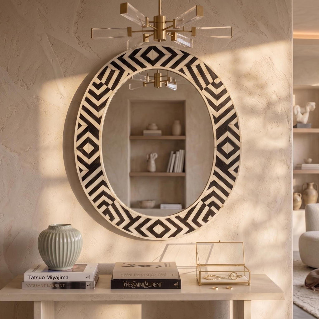 Luxury Oval Bone Inlay Mirror Geometric Pattern Handmade Wall Mirror | unique mirror