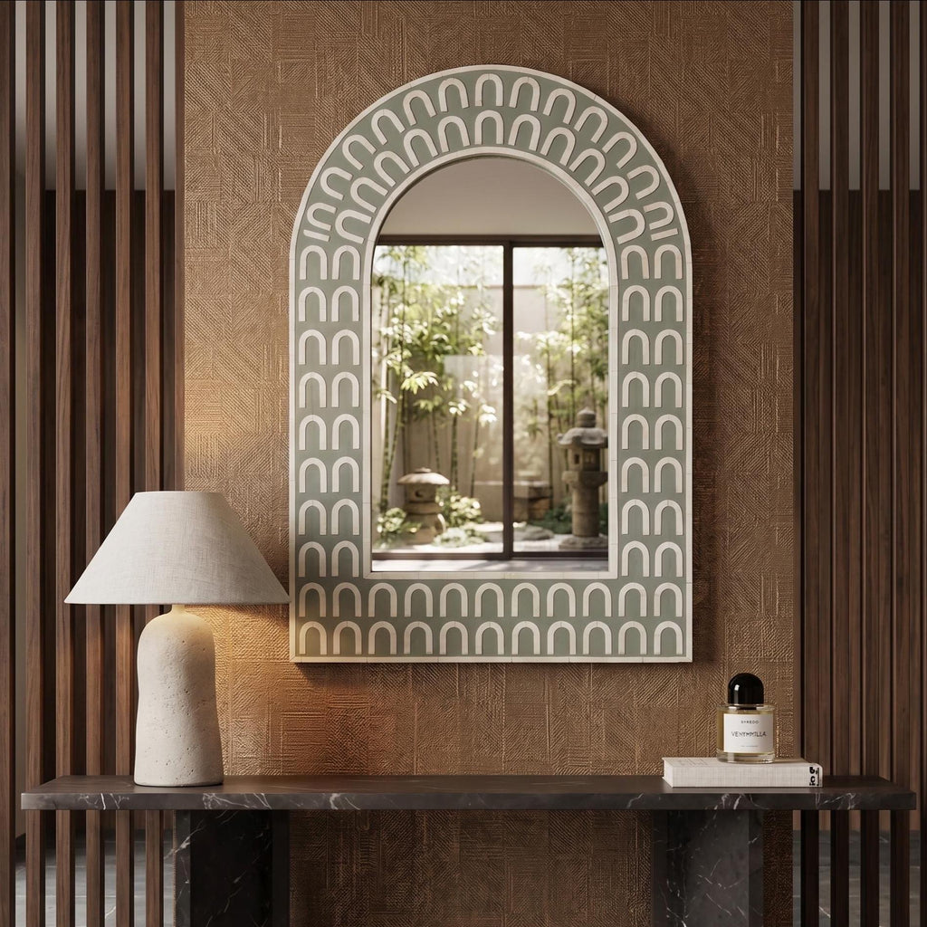 Green Bone Inlay Mirror – Arch Shape Handmade Modern Wall Decor luxury home decor