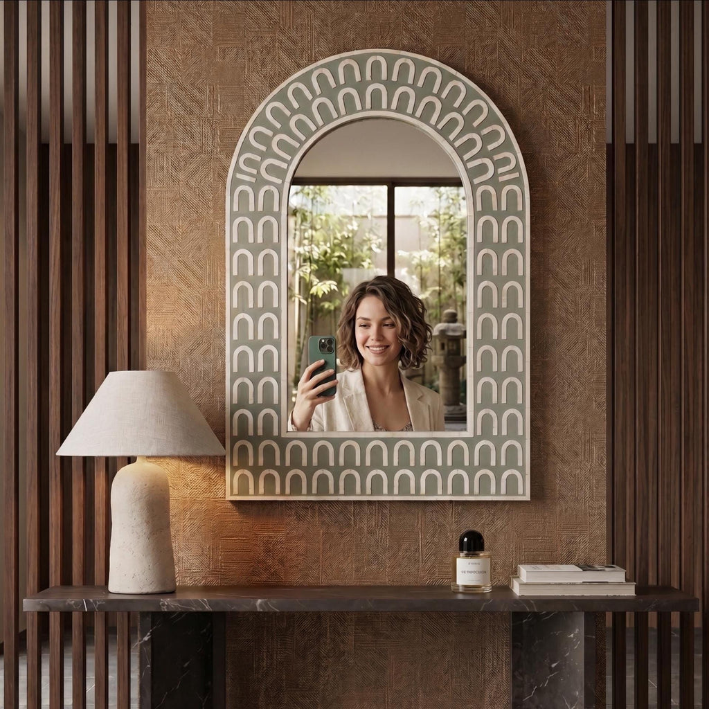 Green Bone Inlay Mirror – Arch Shape Handmade Modern Wall Decor luxury home decor