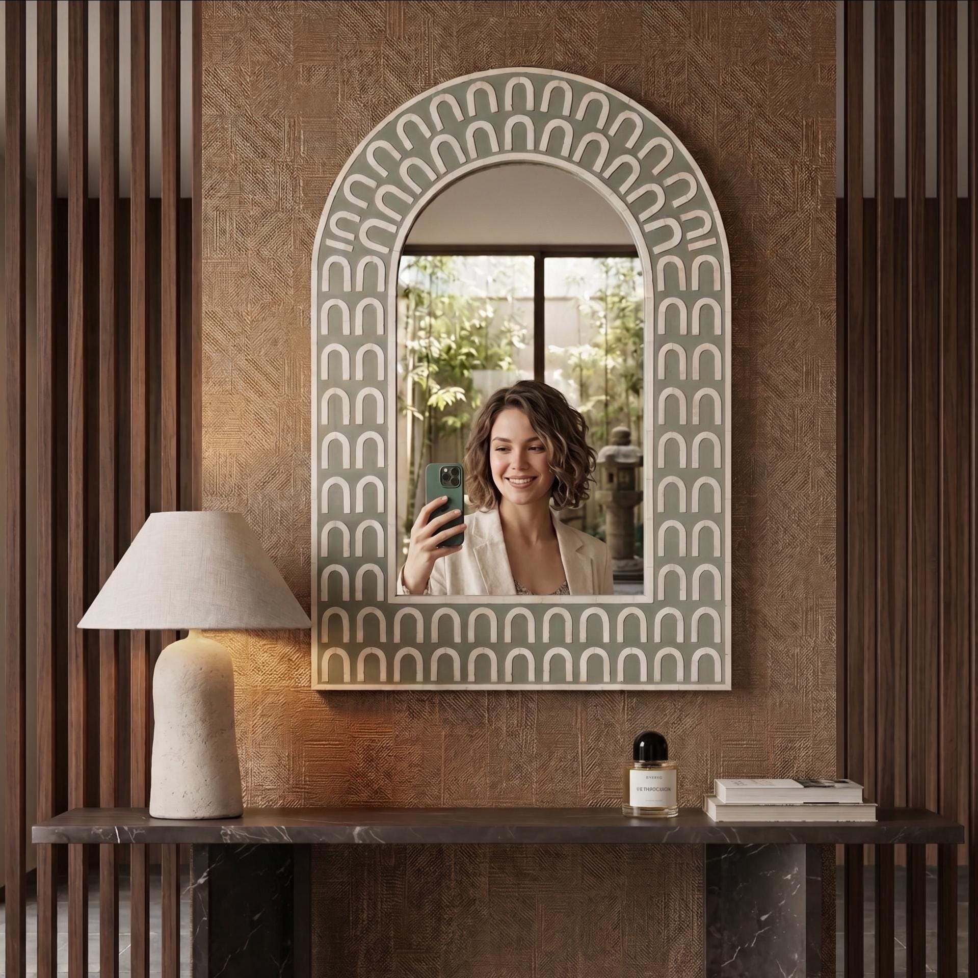 Green Bone Inlay Mirror – Arch Shape Handmade Modern Wall Decor luxury home decor