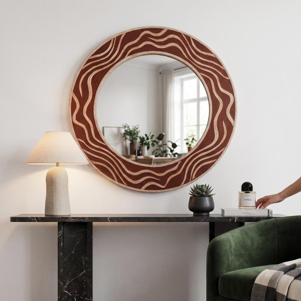 Terracotta Bone Inlay Mirror – Handmade Round Wavy Organic Wall Decor | unique mirror