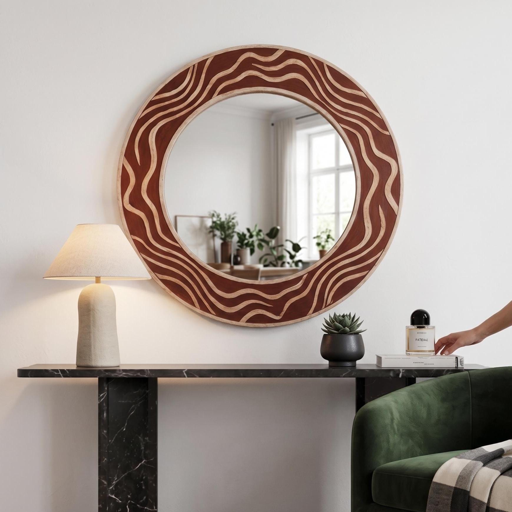 Terracotta Bone Inlay Mirror – Handmade Round Wavy Organic Wall Decor | unique mirror