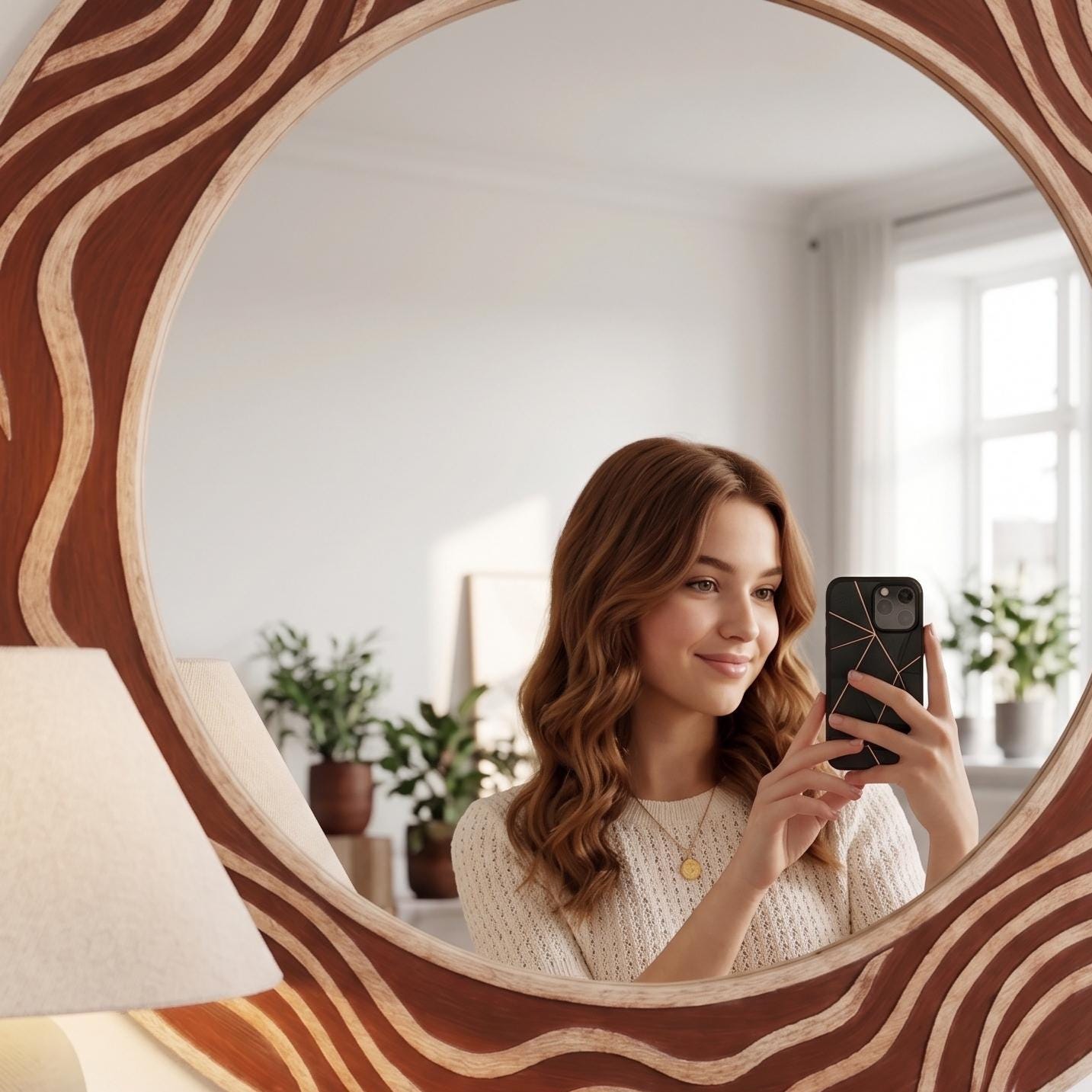 Terracotta Bone Inlay Mirror – Handmade Round Wavy Organic Wall Decor | unique mirror