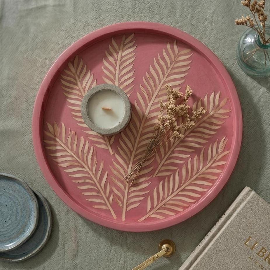 Pink Floral Bone Inlay Round Tray – Handmade Decorative Serving Tray | unique