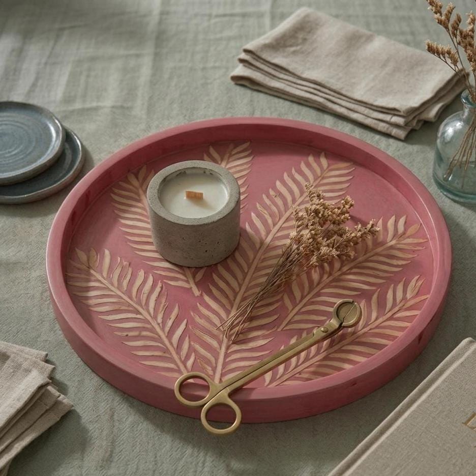 Pink Floral Bone Inlay Round Tray – Handmade Decorative Serving Tray | unique