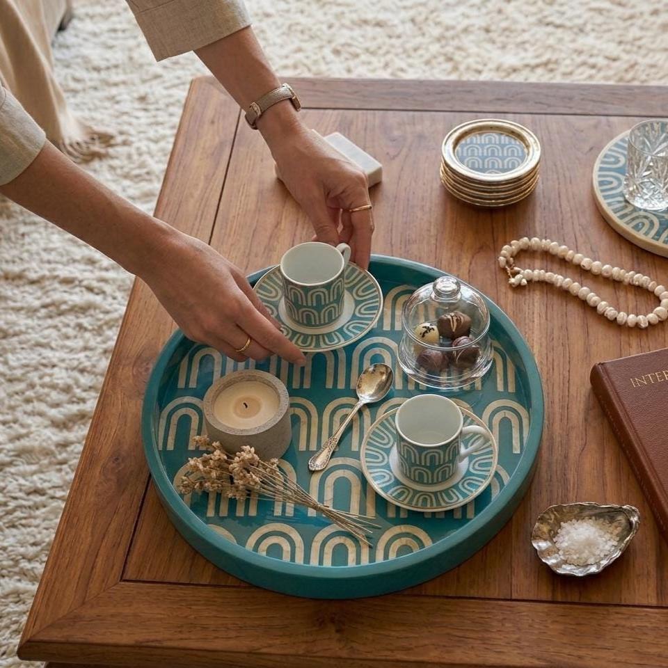 Turquoise Bone Inlay Round Tray Handmade Luxury Serving Tray