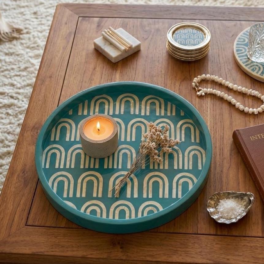 Turquoise Bone Inlay Round Tray Handmade Luxury Serving Tray