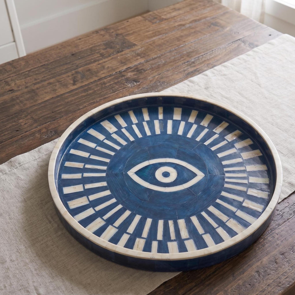 Evil Eye Bone Inlay Round Tray | Handmade Minimal Blue Luxury Serving Tray