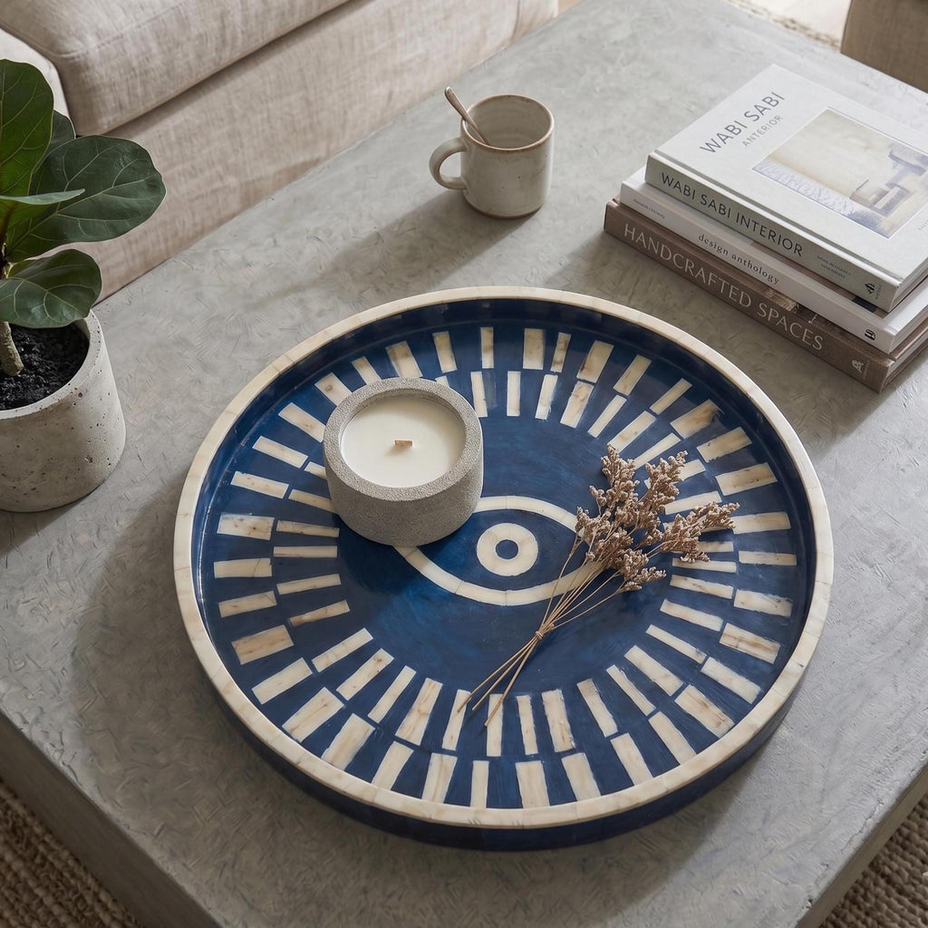 Evil Eye Bone Inlay Round Tray | Handmade Minimal Blue Luxury Serving Tray